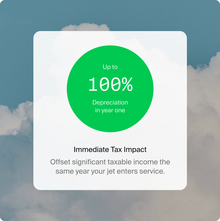 Green circle on cloudy sky background states “Up to 100% Depreciation in year one.” Text below highlights immediate tax impact on jet service.